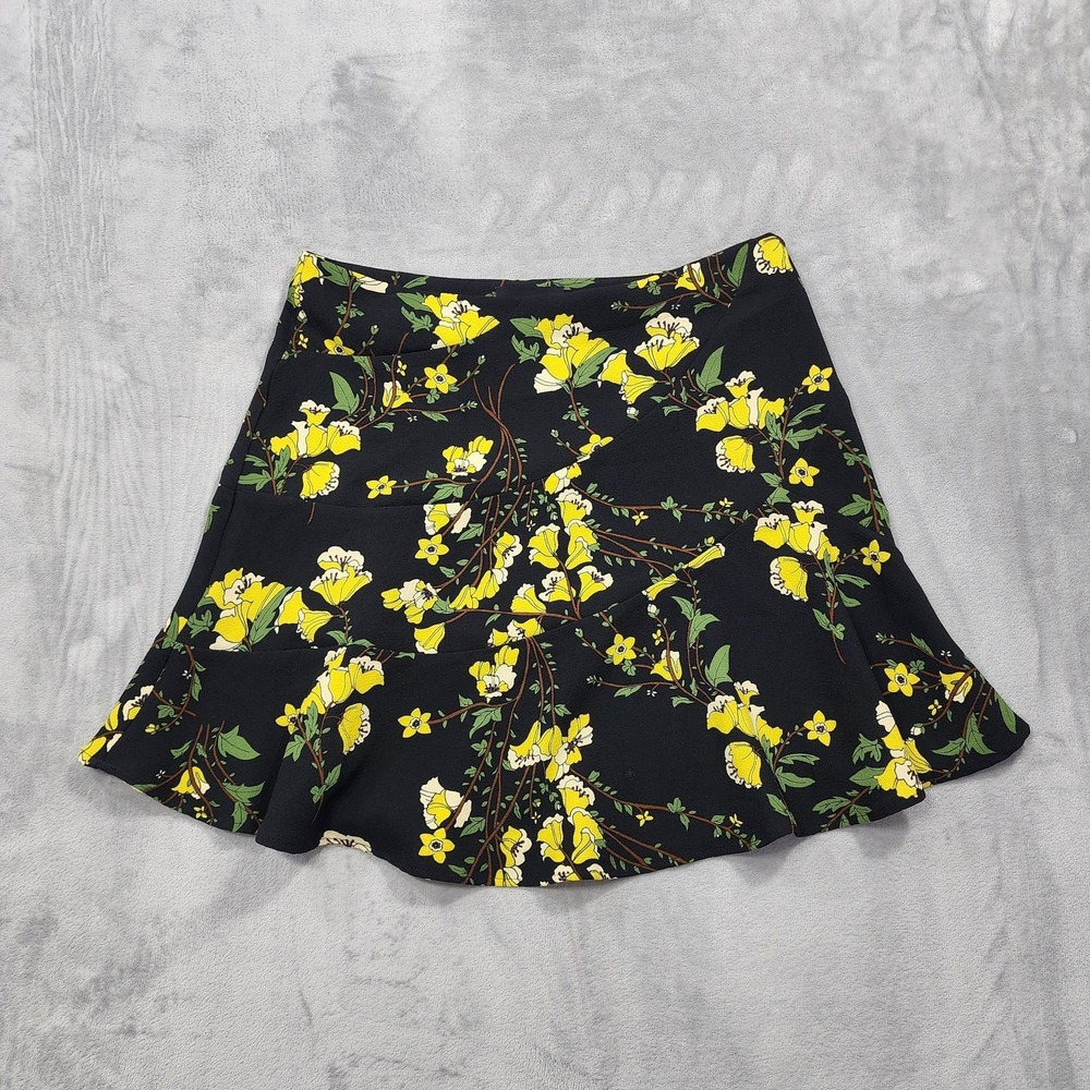 Who What Wear Skirt Womens 14 Black Yellow Floral A-Line Paneled Ruffle Mini